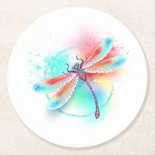 Dessous-de-verre Rond En Papier Dragonfly rouge sur l'arrière - plan aquarelle