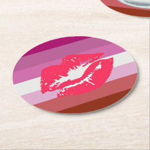 Dessous-de-verre Rond En Papier Drapeau de fierté lesbienne au rouge à lèvres