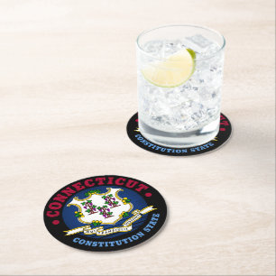 DESSOUS-DE-VERRE ROND EN PAPIER DRAPEAU D'ÉTAT CONSTITUTION CONNECTICUT