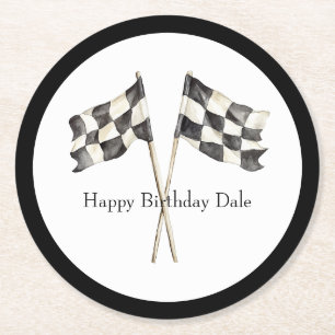 Dessous-de-verre Rond En Papier Drapeaux de voiture de course Noir Blanc Anniversa