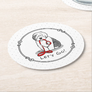 Dessous-de-verre Rond En Papier Drôle Allons-y ! Walk Old English Sheepdog (Gris 1