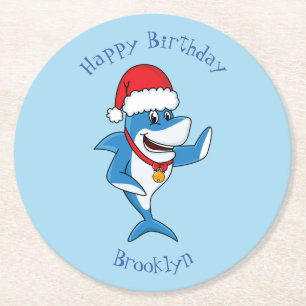 Dessous-de-verre Rond En Papier Drôle dessin animé de requin de Noël