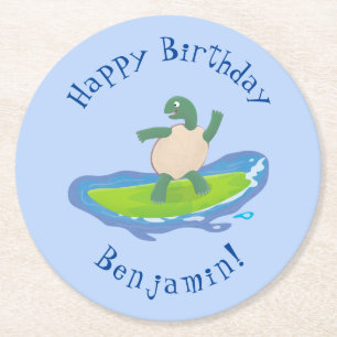 Dessous-de-verre Rond En Papier Drôle tortue vague de surf dessin animé