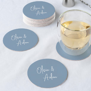 Dessous-de-verre Rond En Papier Dusty Blue Mariage de script manuscrit moderne