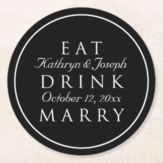 Dessous-de-verre Rond En Papier EAT BOIRE MARRY noir blanc personnalisé mariage fa