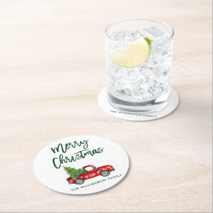 Dessous-de-verre Rond En Papier Écran de brosse verte Vintage Camion rouge Noël