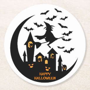 Dessous-de-verre Rond En Papier Éffrayant chauves-souris et sorcière Halloween sur