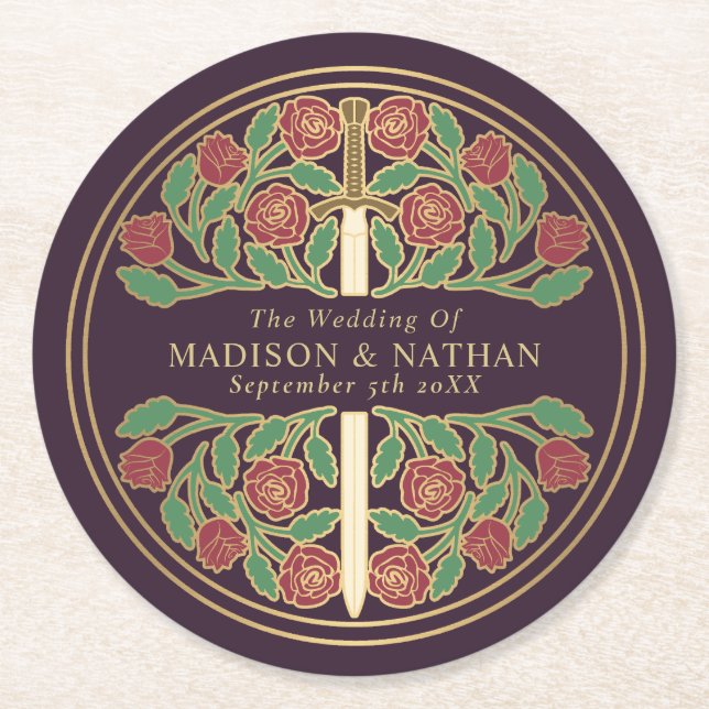 Dessous-de-verre Rond En Papier Eggplant Royal Medieval Gold Sword Wedding (Devant)