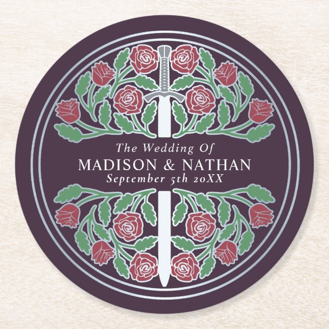 Dessous-de-verre Rond En Papier Eggplant Royal Medieval Silver Sword Wedding (Devant)