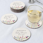Dessous-de-verre Rond En Papier Elégant Baby shower de crème pâté Fleur sauvage<br><div class="desc">Dessous de verre en papier baby shower fleuri élégants avec une bordure inférieure de fleurs sauvages d'aquarelle et feuillage dans les tons rose, jaune, violet, bleu et vert sur un arrière - plan crème. Personnalisez les dessous de verre de baby shower fleurs sauvages avec le nom de la mère à...</div>
