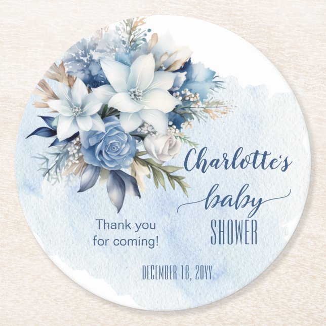 Dessous-de-verre Rond En Papier Elégant Baby shower Floral d'hiver bleu (Devant)