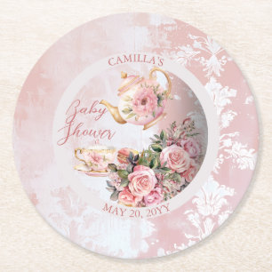 Dessous-de-verre Rond En Papier Élégant Baby shower Floral Rose High Tea Girl