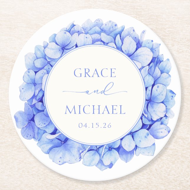 Dessous-de-verre Rond En Papier Elégant bleu Hydrangea Aquarelle Floral Mariage (Devant)
