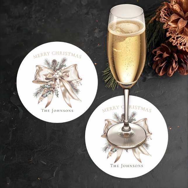 Dessous-de-verre Rond En Papier Elegant Christmas Bow Personalized Coasters (Créateur téléchargé)