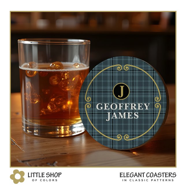 Dessous-de-verre Rond En Papier Élégant damier monogrammé noir et or (Créateur téléchargé)