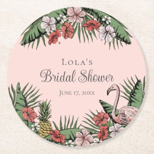 Dessous-de-verre Rond En Papier Élégant Flamant Tropical et Fête de Mariage Hibisc