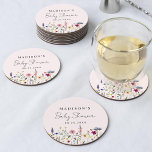 Dessous-de-verre Rond En Papier Élégant Fleur sauvage Meadow Baby shower rose pâle<br><div class="desc">Dessous de verre en papier baby shower fleuri élégants avec une bordure inférieure de fleurs sauvages aquarellés et feuillage dans les tons rose, jaune, violet, bleu et vert sur un arrière - plan rose pâle. Personnalisez les dessous de verre de baby shower fleurs sauvages avec le nom de la mère...</div>