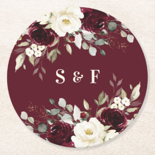 Dessous-de-verre Rond En Papier Élégant Floral Bourgogne Vert Doré Mariage