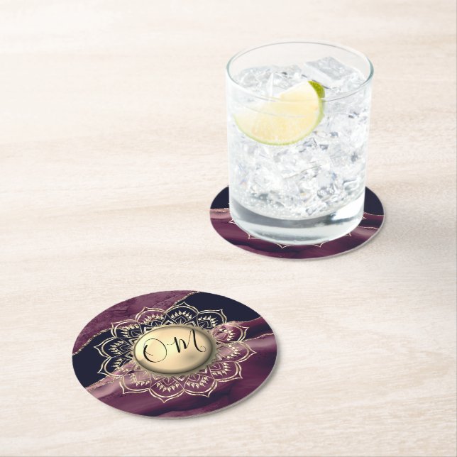 Dessous-de-verre Rond En Papier Élégant marbre OM Mandala (En situation)