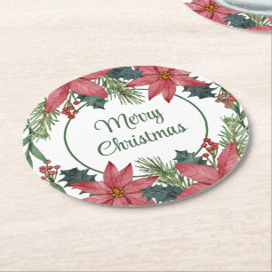 Dessous-de-verre Rond En Papier Élégant Mariage de Noël Floral Red Poinsettia