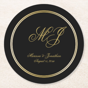 Dessous-de-verre Rond En Papier Élégant Mariage de script de monogramme d'or noir
