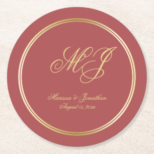 Dessous-de-verre Rond En Papier Élégant Mariage de script Monogramme Or en Terraco