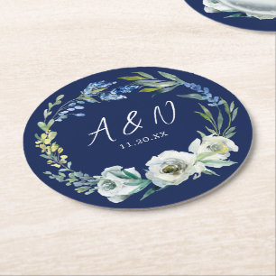 Dessous-de-verre Rond En Papier Élégant Mariage Floral Bleu Blanc Marine