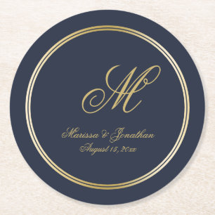 Dessous-de-verre Rond En Papier Élégant Marine Blue Gold Monogramme Mariage de scr