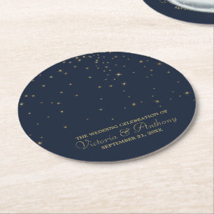 Dessous-de-verre Rond En Papier Elégant Marine & Gold Falling Stars Mariage