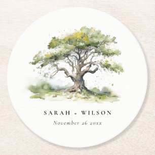 Dessous-de-verre Rond En Papier Elégant minimal vert aquarelle Mariage chêne arbre