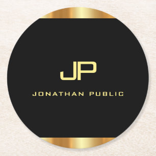Dessous-de-verre Rond En Papier Élégant Modèle Monogramme Noir Et Or Moderne