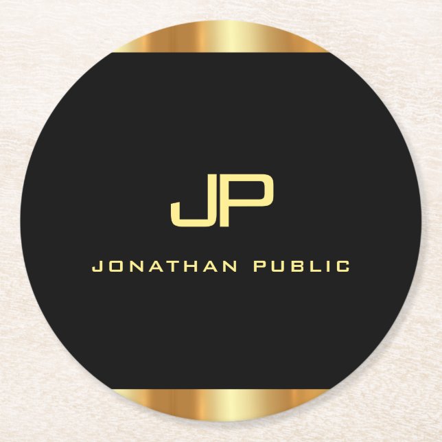 Dessous-de-verre Rond En Papier Élégant Modèle Monogramme Noir Et Or Moderne (Devant)