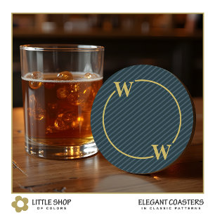 Dessous-de-verre Rond En Papier Élégant Monogramme à Rayures noires et Or