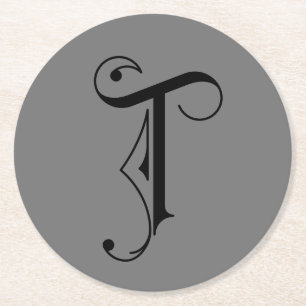 Dessous-de-verre Rond En Papier Élégant monogramme lettre T noir sur gris