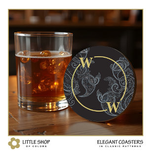 Dessous-de-verre Rond En Papier Élégant Monogramme Paisley Noir Or