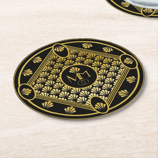 Dessous-de-verre Rond En Papier Élégant Motif Art Déco Monogramme Mariage (Incliné)
