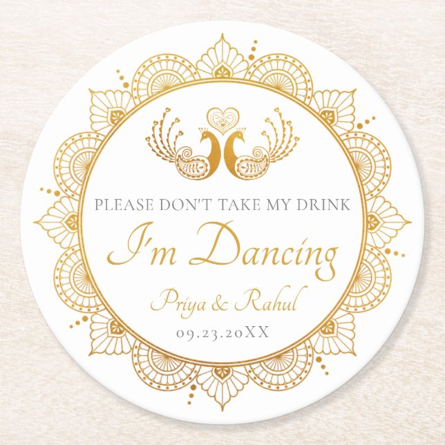 Dessous-de-verre Rond En Papier Élégant Motif d'or Mariage indien (Devant)
