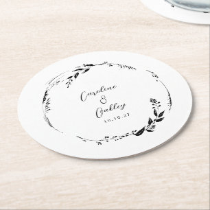 Dessous-de-verre Rond En Papier Elégant noir blanc Mariage de couronne Floral sur