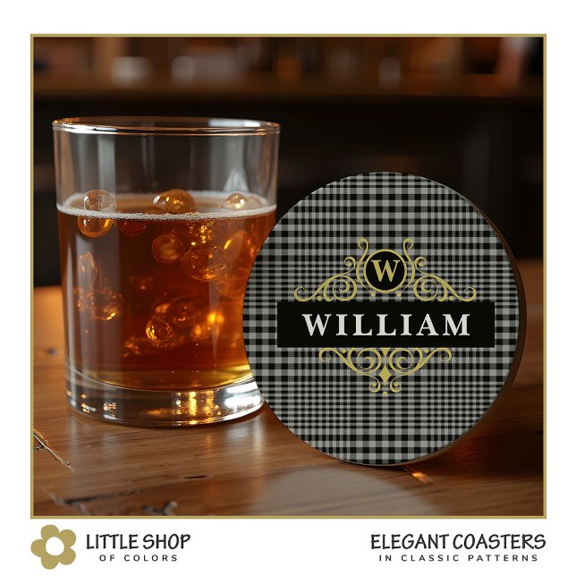 Dessous-de-verre Rond En Papier Élégant noir brillant gris or plaqué Monogramme (Créateur téléchargé)