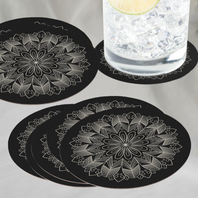 Dessous-de-verre Rond En Papier Elégant noir Mandala Boho Chic Mariage indien (Créateur téléchargé)