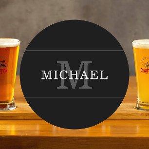 Dessous-de-verre Rond En Papier Élégant Noir Monogramme Nom Personnalisé
