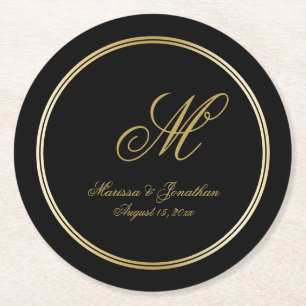 Dessous-de-verre Rond En Papier Élégant noir Monogramme or Script Mariage noir