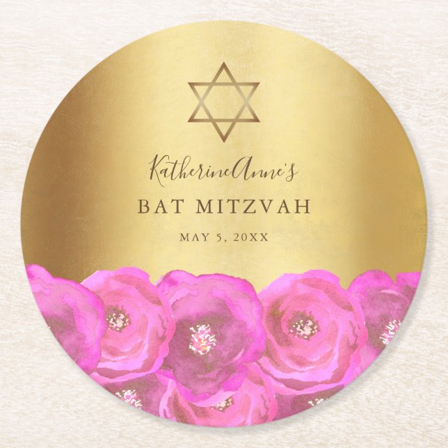 Dessous-de-verre Rond En Papier Elegant  Pink Rose Floral Gold Bat Mitzvah (Devant)