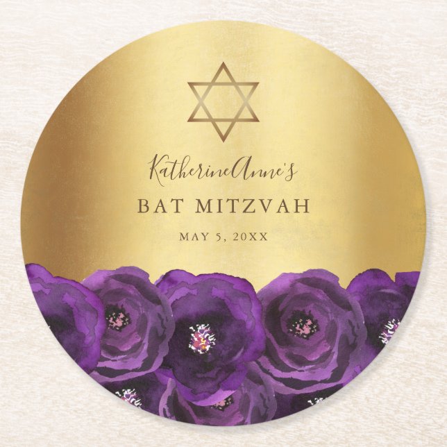 Dessous-de-verre Rond En Papier Elegant Purple Floral Gold Bat Mitzvah (Devant)