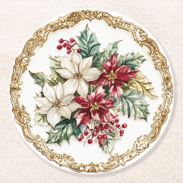 Dessous-de-verre Rond En Papier Elegant Rococo Floral Poinsettia Holiday Dining  (Devant)