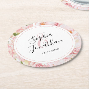 Dessous-de-verre Rond En Papier Élégant rose Roses Mariage personnalisé