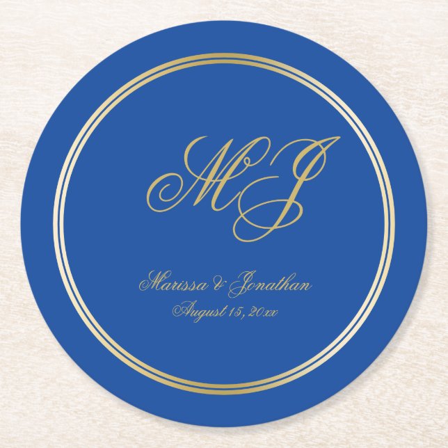 Dessous-de-verre Rond En Papier Élégant Sapphire Blue Gold Monogram Mariage Script (Devant)