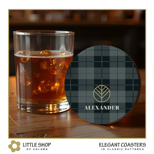 Dessous-de-verre Rond En Papier Élégant Tartan à Carreaux Noir et Or Monogramme