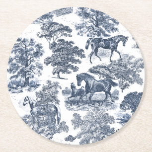 Dessous-de-verre Rond En Papier Elégant Vintage Chic Blue Horses Country Toile