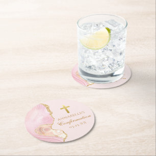 Dessous-de-verre Rond En Papier Élégante Confirmation Cross Pink Gold Custom Party